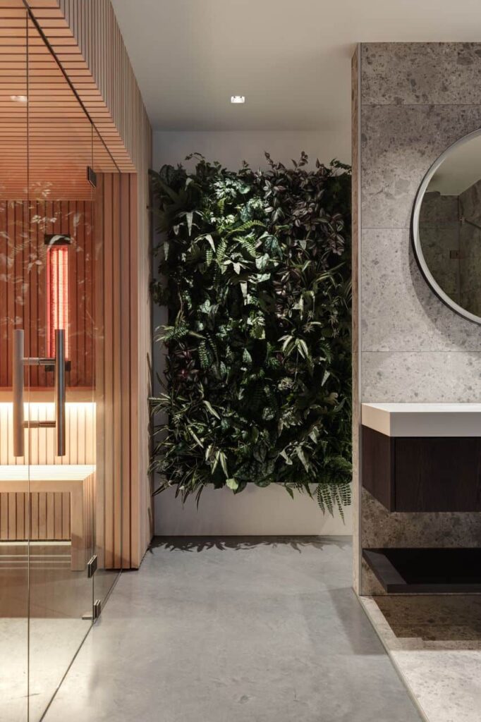 Gevlinderd beton in de badkamer met infraroodsauna