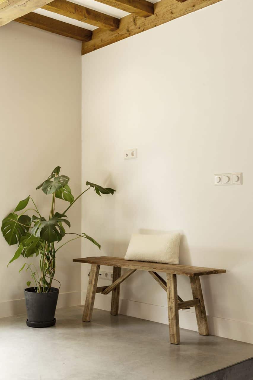 stijlvol hoekje in huis met een plant en een houten krukje