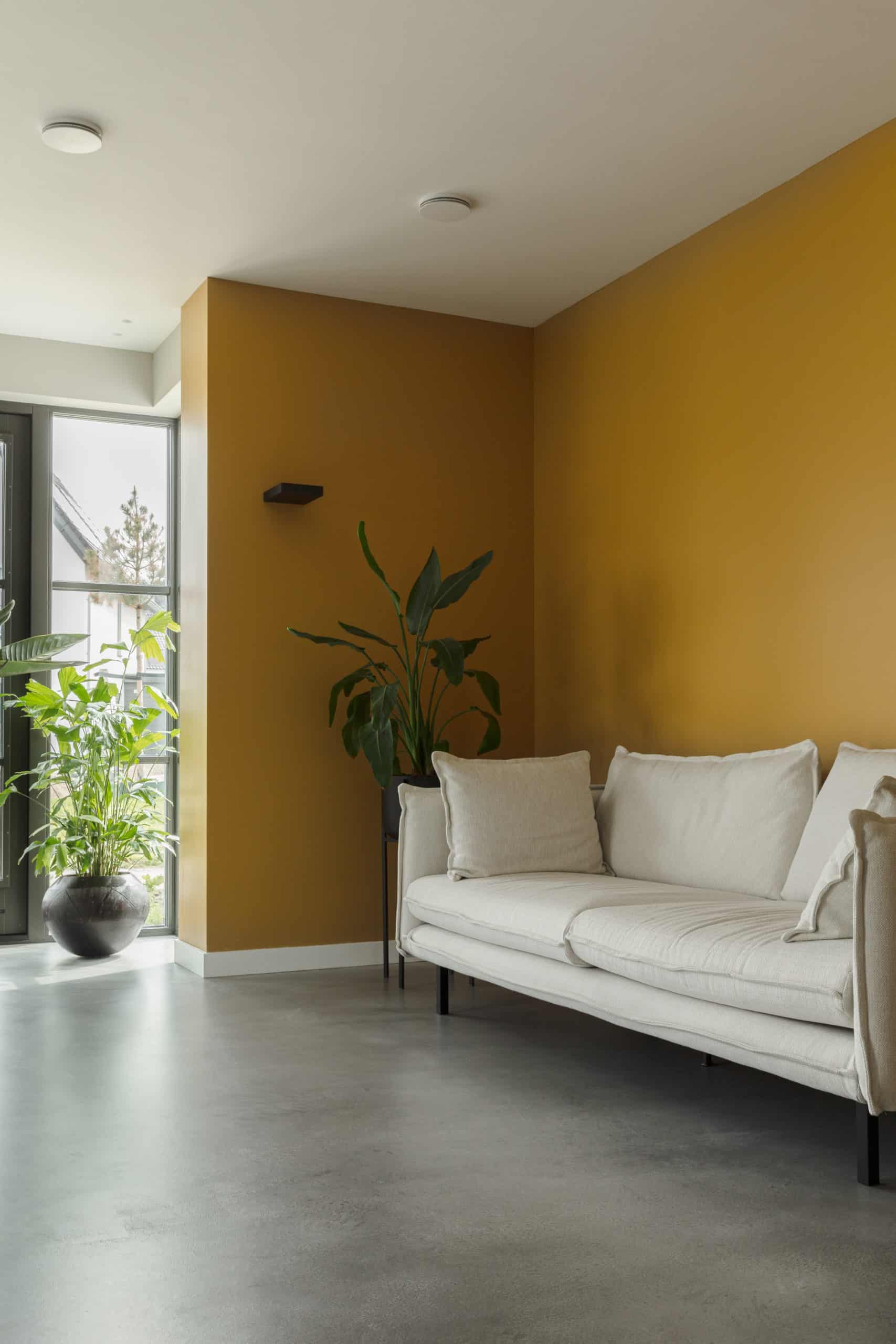 Woonkamer met een witte bank, een gele wand en een Italiaanse betonlook vloer